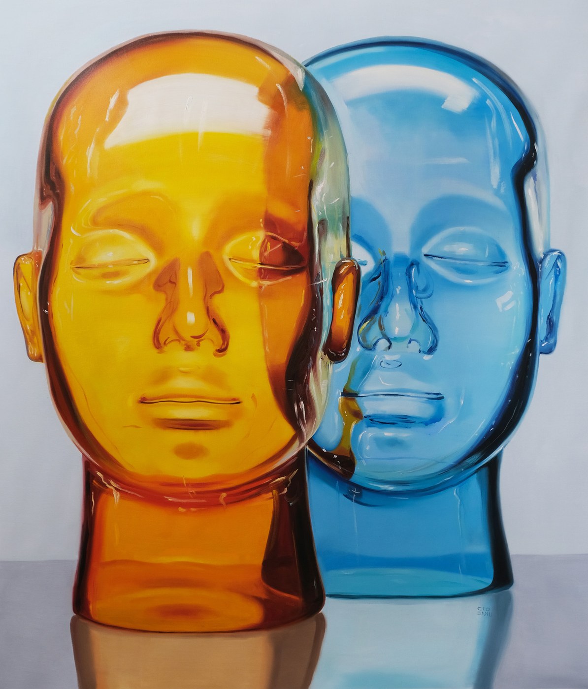 Claudiu Ciobanu, Silent Stillness, an amber glass head and a blue glass head side by side, eyes closed